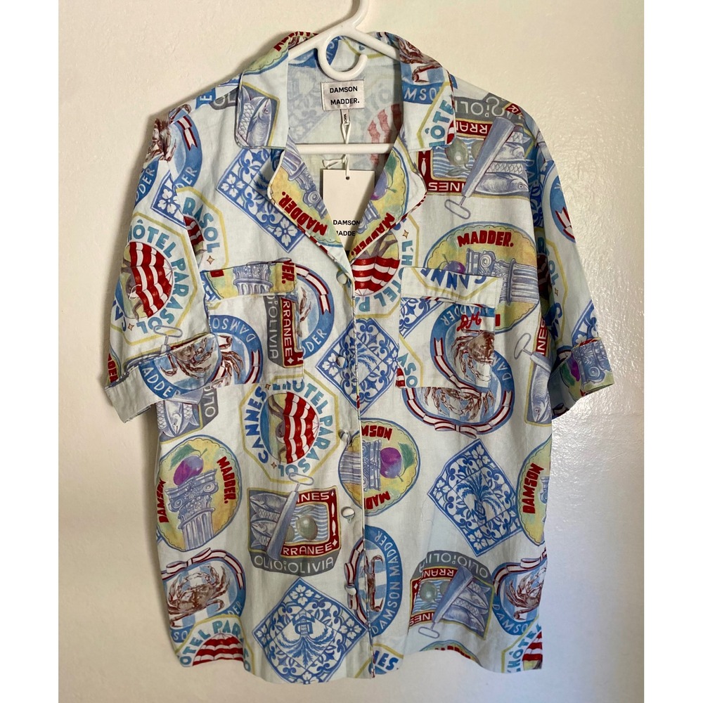 NWT Damson Madder Chlo Holiday Print Shirt US 10 Organic Cotton Linen Resort Top - Picture 3 of 15